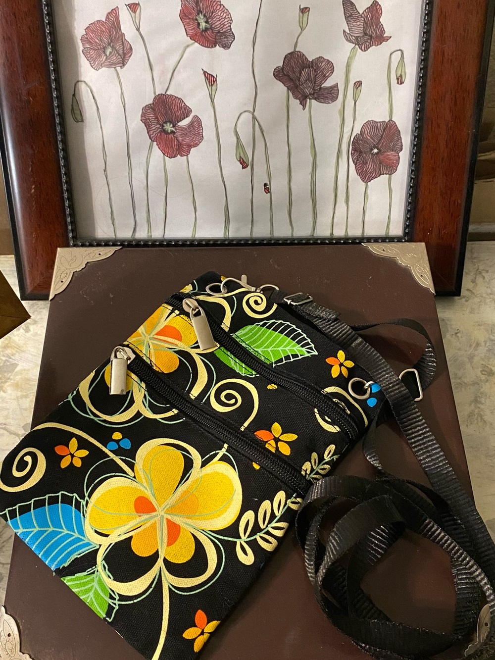 Black Floral Crossbody Bag with Yellow and Blue Accents - Picture 4 of 12